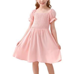 imageGORLYA Girls Puff Sleeve Square Neck Boho Frilly Smocked Shirred Flared Midi Dress 414TPink