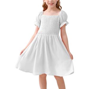 imageGORLYA Girls Puff Sleeve Square Neck Boho Frilly Smocked Shirred Flared Midi Dress 414TWhite