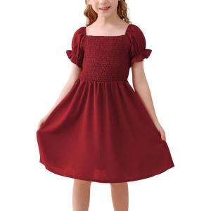 imageGORLYA Girls Puff Sleeve Square Neck Boho Frilly Smocked Shirred Flared Midi Dress 414TWine Red