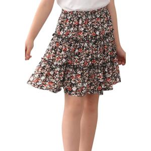 imageGORLYA Girls Ruffle Floral Boho Flowy Cute Tiered Short Mini Skater Skirts 414TBlack Print