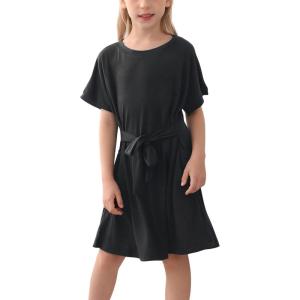 imageGORLYA Girls Short Sleeve Tie Waist Casual Swing Midi TShirt Dress with Pockets for 414T KidsBlack