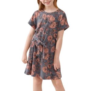 imageGORLYA Girls Short Sleeve Tie Waist Casual Swing Midi TShirt Dress with Pockets for 414T KidsGray Print