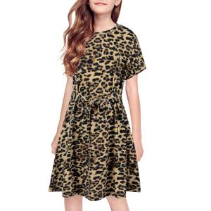 imageGORLYA Girls Short Sleeve Tie Waist Casual Swing Midi TShirt Dress with Pockets for 414T KidsLeopard