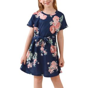 imageGORLYA Girls Short Sleeve Tie Waist Casual Swing Midi TShirt Dress with Pockets for 414T KidsNavy Print