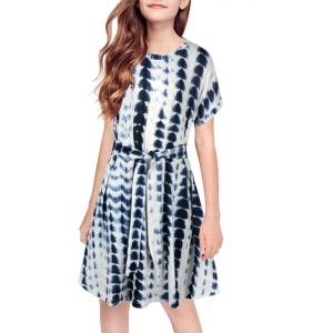 imageGORLYA Girls Short Sleeve Tie Waist Casual Swing Midi TShirt Dress with Pockets for 414T KidsWhite Tiedye