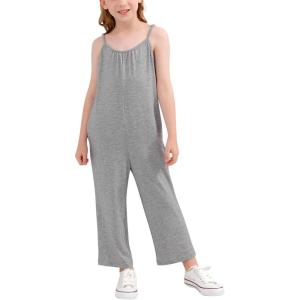 imageGORLYA Girls Sleeveless Casual Jumpsuit Rompers Straight Wide Leg Pants Outfits for 414TGray