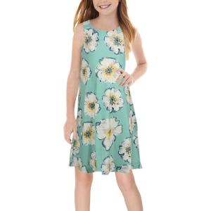 imageGORLYA Girls Summer Casual Loose Tank Swing Midi Cute Shift Dress with Pockets for 414T KidsGreen Flower