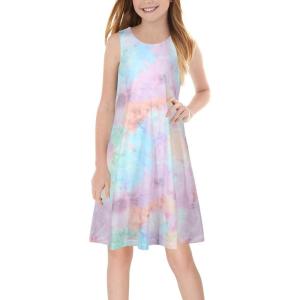 imageGORLYA Girls Summer Casual Loose Tank Swing Midi Cute Shift Dress with Pockets for 414T KidsPink Tiedye