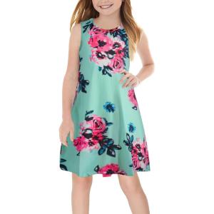 imageGORLYA Girls Summer Casual Loose Tank Swing Midi Cute Shift Dress with Pockets for 414T KidsTeal Print