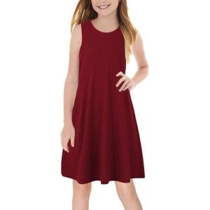 imageGORLYA Girls Summer Casual Loose Tank Swing Midi Cute Shift Dress with Pockets for 414T KidsWine Red