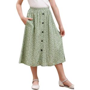 imageGORLYA Girls ALine Elastic High Waist Pleated Swing Maxi Skirt with Pockets for 414TGreen Print