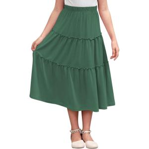 imageGORLYA Girls Boho Casual Elastic High Waist Tiered Ruffle Hem Long Swing Maxi Skirt 414TGreen