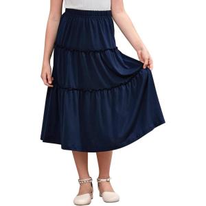 imageGORLYA Girls Boho Casual Elastic High Waist Tiered Ruffle Hem Long Swing Maxi Skirt 414TNavy
