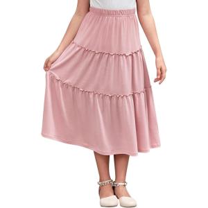 imageGORLYA Girls Boho Casual Elastic High Waist Tiered Ruffle Hem Long Swing Maxi Skirt 414TPink