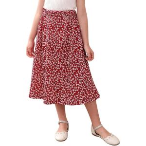 imageGORLYA Girls Boho Casual Elastic High Waist Tiered Ruffle Hem Long Swing Maxi Skirt 414TRed Print