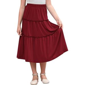 imageGORLYA Girls Boho Casual Elastic High Waist Tiered Ruffle Hem Long Swing Maxi Skirt 414TWine Red