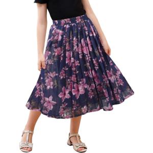imageGORLYA Girls Chiffon Pleated Elastic High Waist ALine Boho Swing Maxi Long Skirt 414TNavy Print