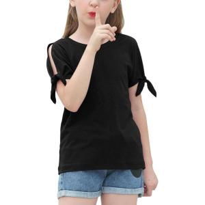 imageGORLYA Girls Cut Slit Sleeve Tie Knot Cuff Stripe Tunic TShirt Casual Pullover Top for 414T KidsBlack