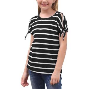 imageGORLYA Girls Cut Slit Sleeve Tie Knot Cuff Stripe Tunic TShirt Casual Pullover Top for 414T KidsBlack Stripe