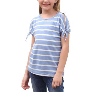 imageGORLYA Girls Cut Slit Sleeve Tie Knot Cuff Stripe Tunic TShirt Casual Pullover Top for 414T KidsBlue Stripe