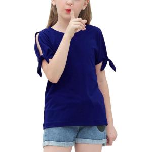 imageGORLYA Girls Cut Slit Sleeve Tie Knot Cuff Stripe Tunic TShirt Casual Pullover Top for 414T KidsNavy