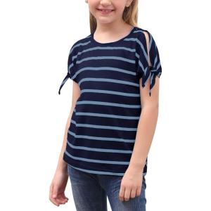 imageGORLYA Girls Cut Slit Sleeve Tie Knot Cuff Stripe Tunic TShirt Casual Pullover Top for 414T KidsNavy Stripe