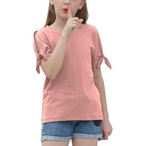 imageGORLYA Girls Cut Slit Sleeve Tie Knot Cuff Stripe Tunic TShirt Casual Pullover Top for 414T KidsPink