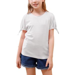 imageGORLYA Girls Cut Slit Sleeve Tie Knot Cuff Stripe Tunic TShirt Casual Pullover Top for 414T KidsWhite