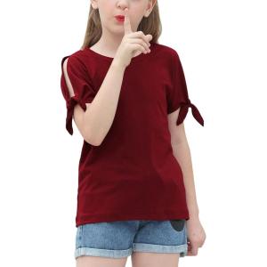 imageGORLYA Girls Cut Slit Sleeve Tie Knot Cuff Stripe Tunic TShirt Casual Pullover Top for 414T KidsWine Red