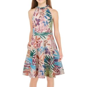 imageGORLYA Girls Halter Neck Cold Shoulder Sleeveless Summer Casual Sundress Aline Dress with Pockets for 412 YearsBeige Print