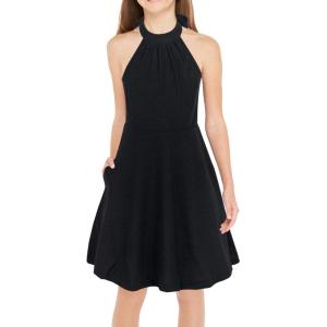 imageGORLYA Girls Halter Neck Cold Shoulder Sleeveless Summer Casual Sundress Aline Dress with Pockets for 412 YearsBlack