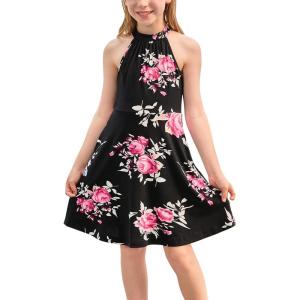 imageGORLYA Girls Halter Neck Cold Shoulder Sleeveless Summer Casual Sundress Aline Dress with Pockets for 412 YearsBlack Pink Flower