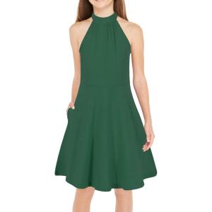 imageGORLYA Girls Halter Neck Cold Shoulder Sleeveless Summer Casual Sundress Aline Dress with Pockets for 412 YearsGreen