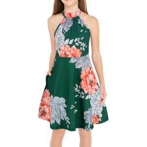 imageGORLYA Girls Halter Neck Cold Shoulder Sleeveless Summer Casual Sundress Aline Dress with Pockets for 412 YearsGreen Print