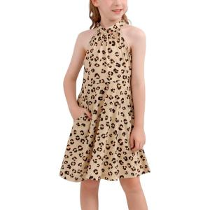 imageGORLYA Girls Halter Neck Cold Shoulder Sleeveless Summer Casual Sundress Aline Dress with Pockets for 412 YearsLeopard