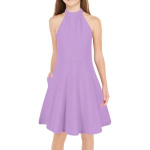 imageGORLYA Girls Halter Neck Cold Shoulder Sleeveless Summer Casual Sundress Aline Dress with Pockets for 412 YearsMauve
