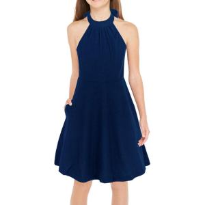 imageGORLYA Girls Halter Neck Cold Shoulder Sleeveless Summer Casual Sundress Aline Dress with Pockets for 412 YearsNavy