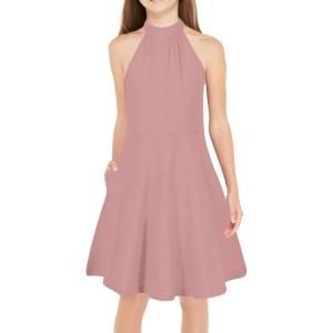 imageGORLYA Girls Halter Neck Cold Shoulder Sleeveless Summer Casual Sundress Aline Dress with Pockets for 412 YearsPink