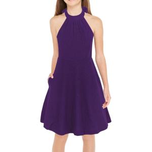 imageGORLYA Girls Halter Neck Cold Shoulder Sleeveless Summer Casual Sundress Aline Dress with Pockets for 412 YearsPurple