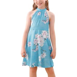 imageGORLYA Girls Halter Neck Cold Shoulder Sleeveless Summer Casual Sundress Aline Dress with Pockets for 412 YearsSky Blue Print