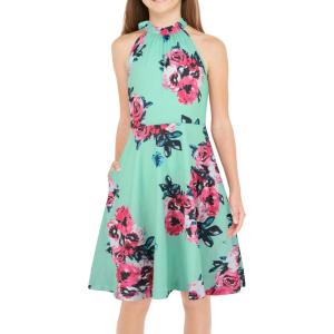 imageGORLYA Girls Halter Neck Cold Shoulder Sleeveless Summer Casual Sundress Aline Dress with Pockets for 412 YearsTeal Print