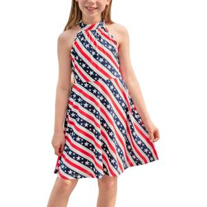 imageGORLYA Girls Halter Neck Cold Shoulder Sleeveless Summer Casual Sundress Aline Dress with Pockets for 412 YearsUsa Flag
