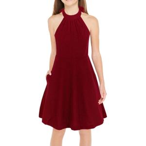 imageGORLYA Girls Halter Neck Cold Shoulder Sleeveless Summer Casual Sundress Aline Dress with Pockets for 412 YearsWine Red