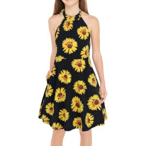 imageGORLYA Girls Halter Neck Cold Shoulder Sleeveless Summer Casual Sundress Aline Dress with Pockets for 412 YearsYellow Flower