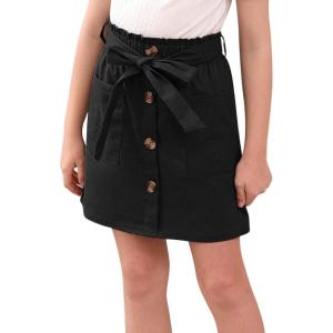 imageGORLYA Girls Paper Bag Elastic Waist Button Trim Front Belted Skirts with Pockets 414TBlack