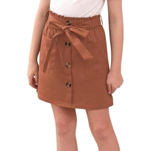imageGORLYA Girls Paper Bag Elastic Waist Button Trim Front Belted Skirts with Pockets 414TBrown