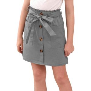 imageGORLYA Girls Paper Bag Elastic Waist Button Trim Front Belted Skirts with Pockets 414TGray