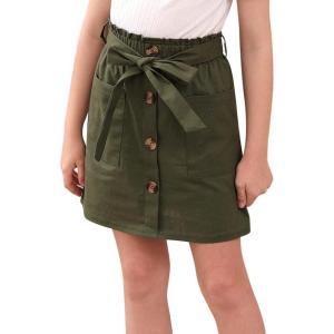 imageGORLYA Girls Paper Bag Elastic Waist Button Trim Front Belted Skirts with Pockets 414TGreen