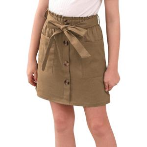 imageGORLYA Girls Paper Bag Elastic Waist Button Trim Front Belted Skirts with Pockets 414TKhaki