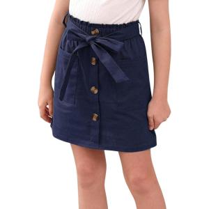 imageGORLYA Girls Paper Bag Elastic Waist Button Trim Front Belted Skirts with Pockets 414TNavy